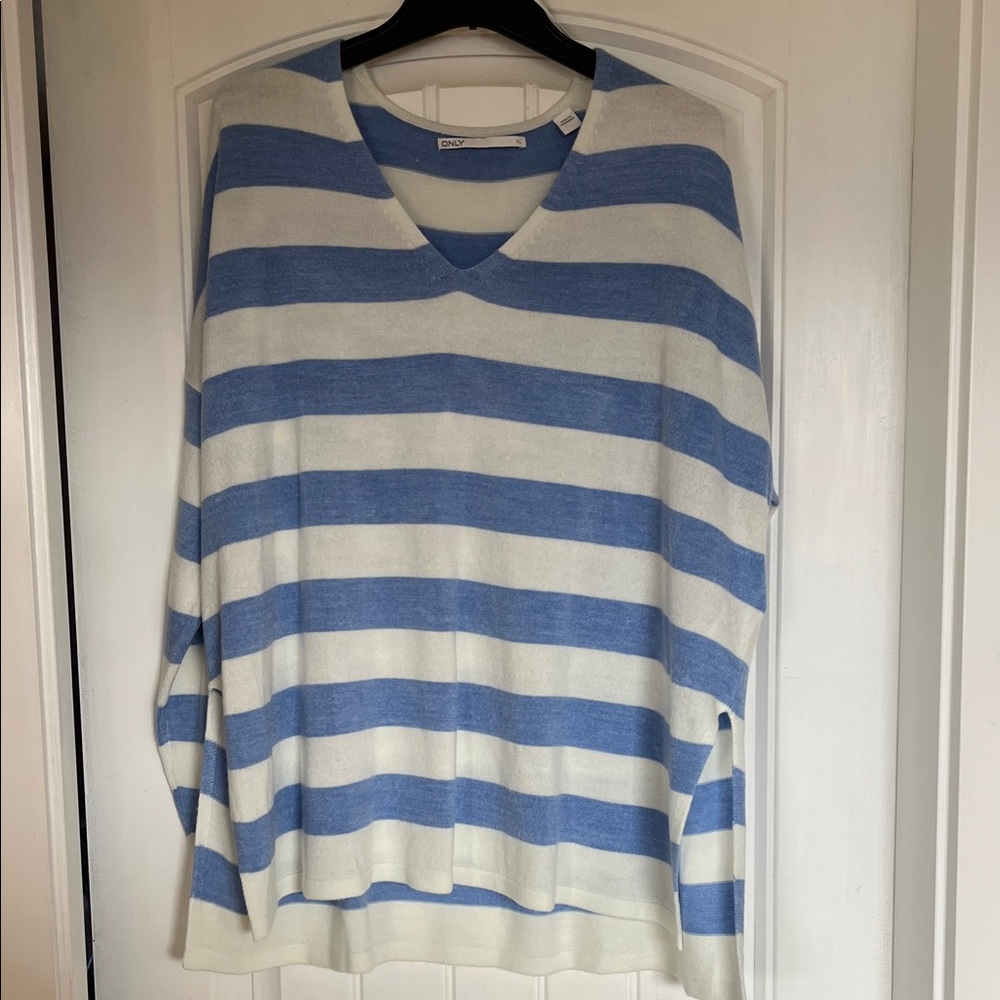 Only Blue and White Striped V-Neck Sweater